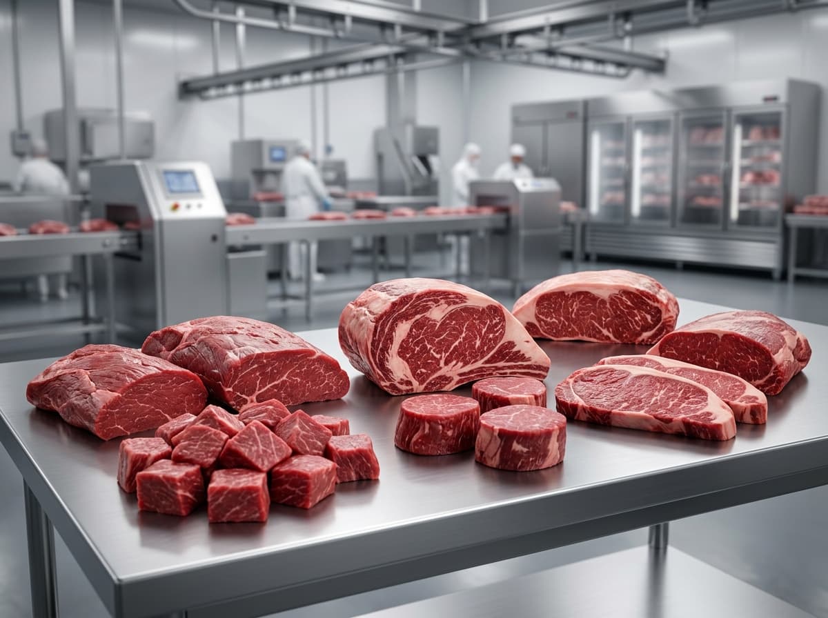Premium beef cuts prepared on a stainless processing table