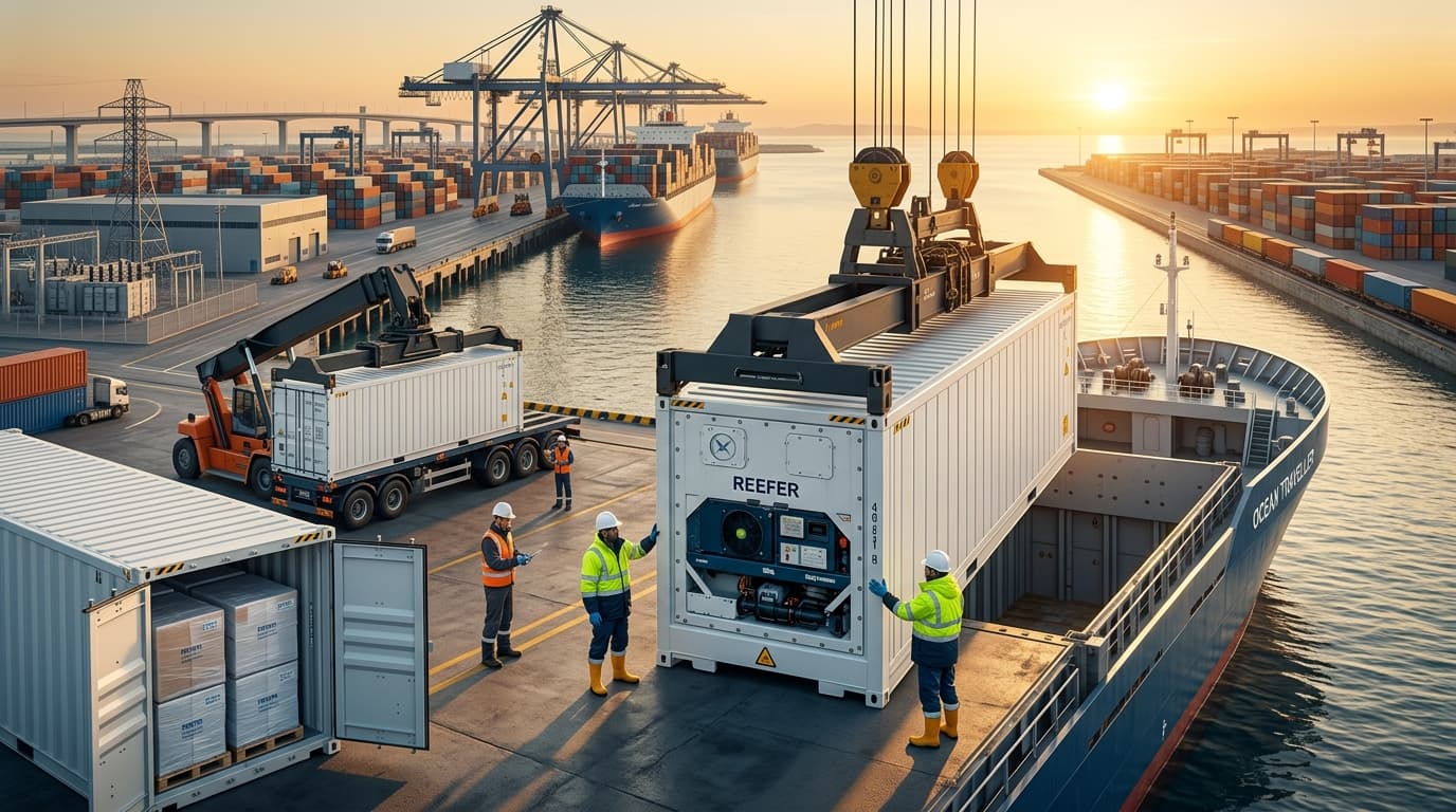 Refrigerated export container being loaded at port at sunset
