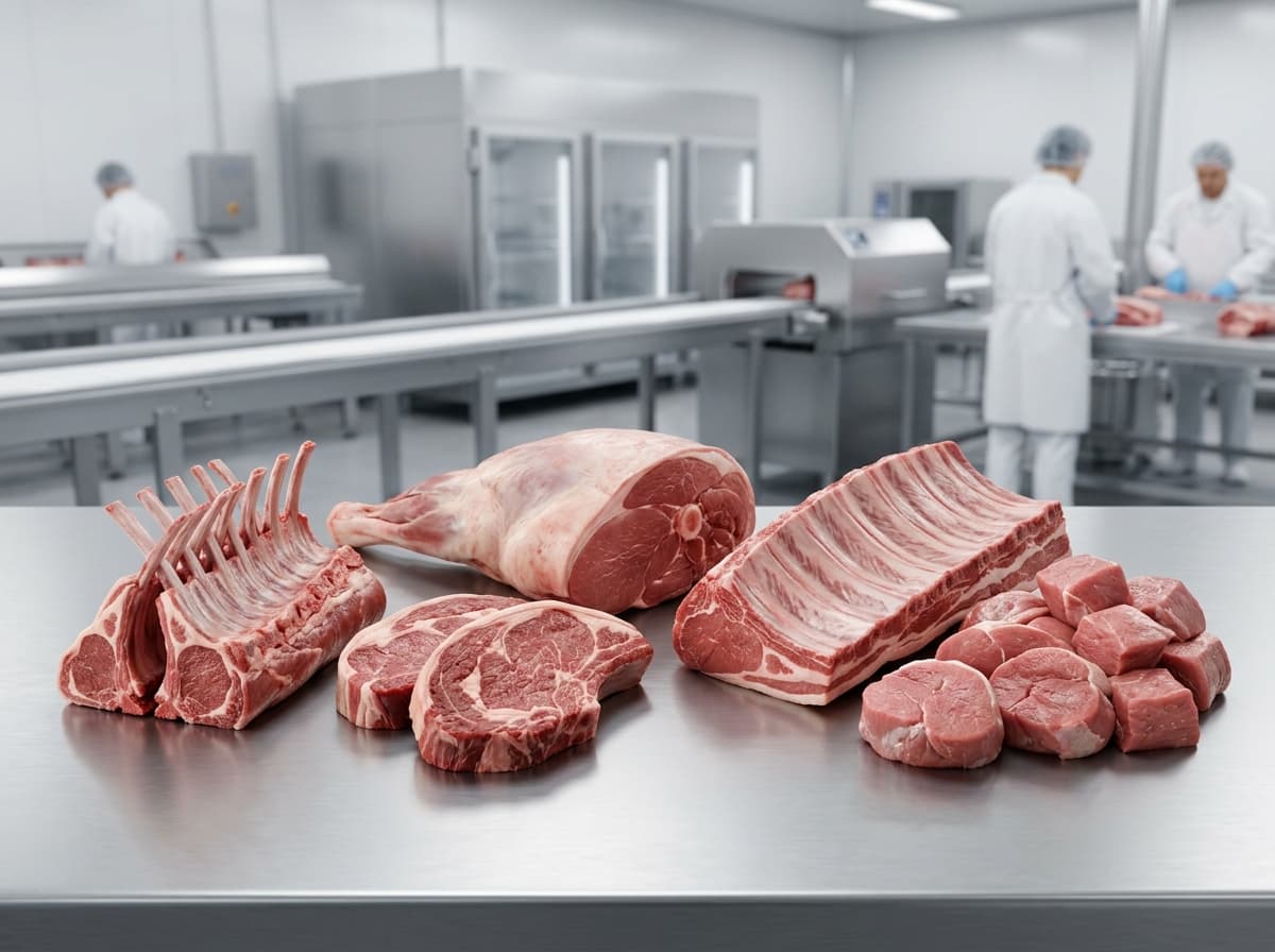 Mutton racks, steaks, and a leg roast prepared for packing