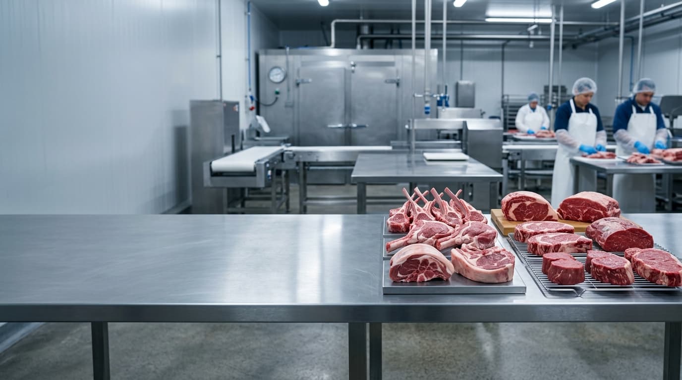 Mutton and beef cuts staged in a hygienic processing hall