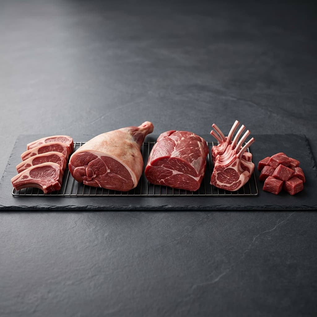 Premium mutton chops, leg, roast, and rack of lamb