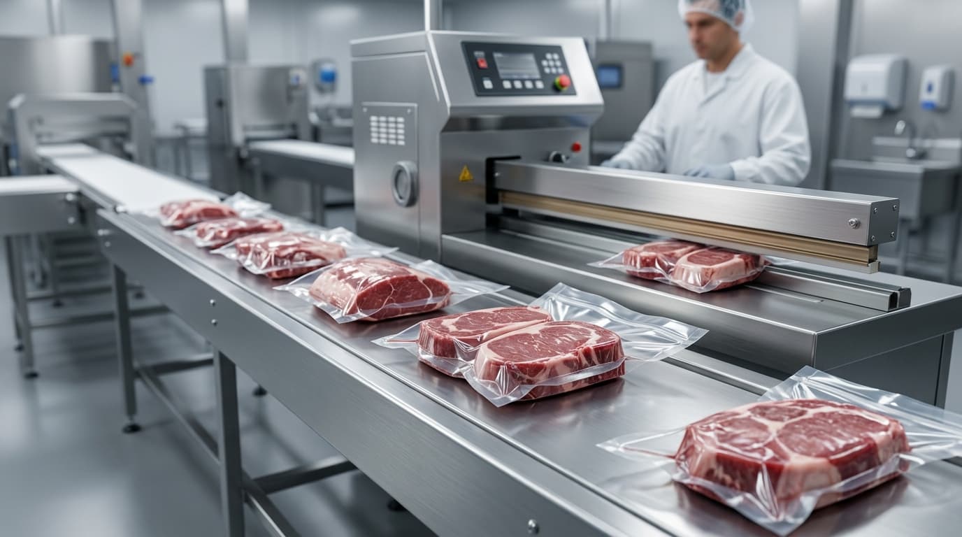 Vacuum packaging line sealing premium beef steaks