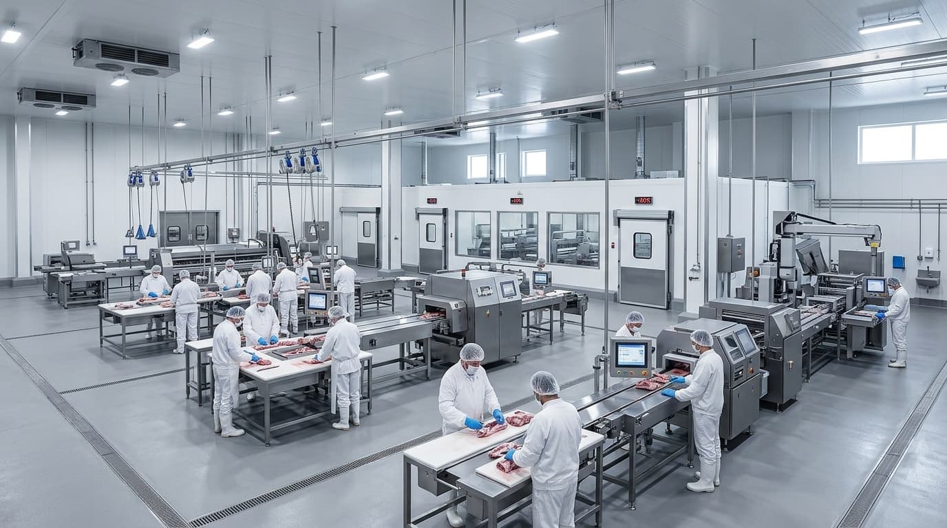 Hygienic halal processing floor with stainless production lines